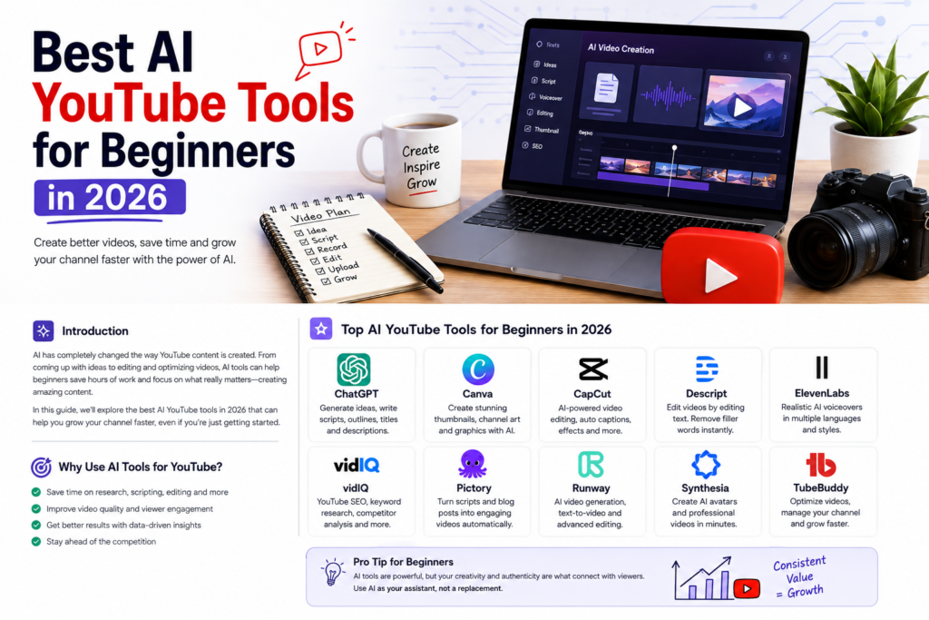 Discover the best AI YouTube tools for beginners in 2026. Create videos, write scripts, make thumbnails, and grow your channel faster with AI.
